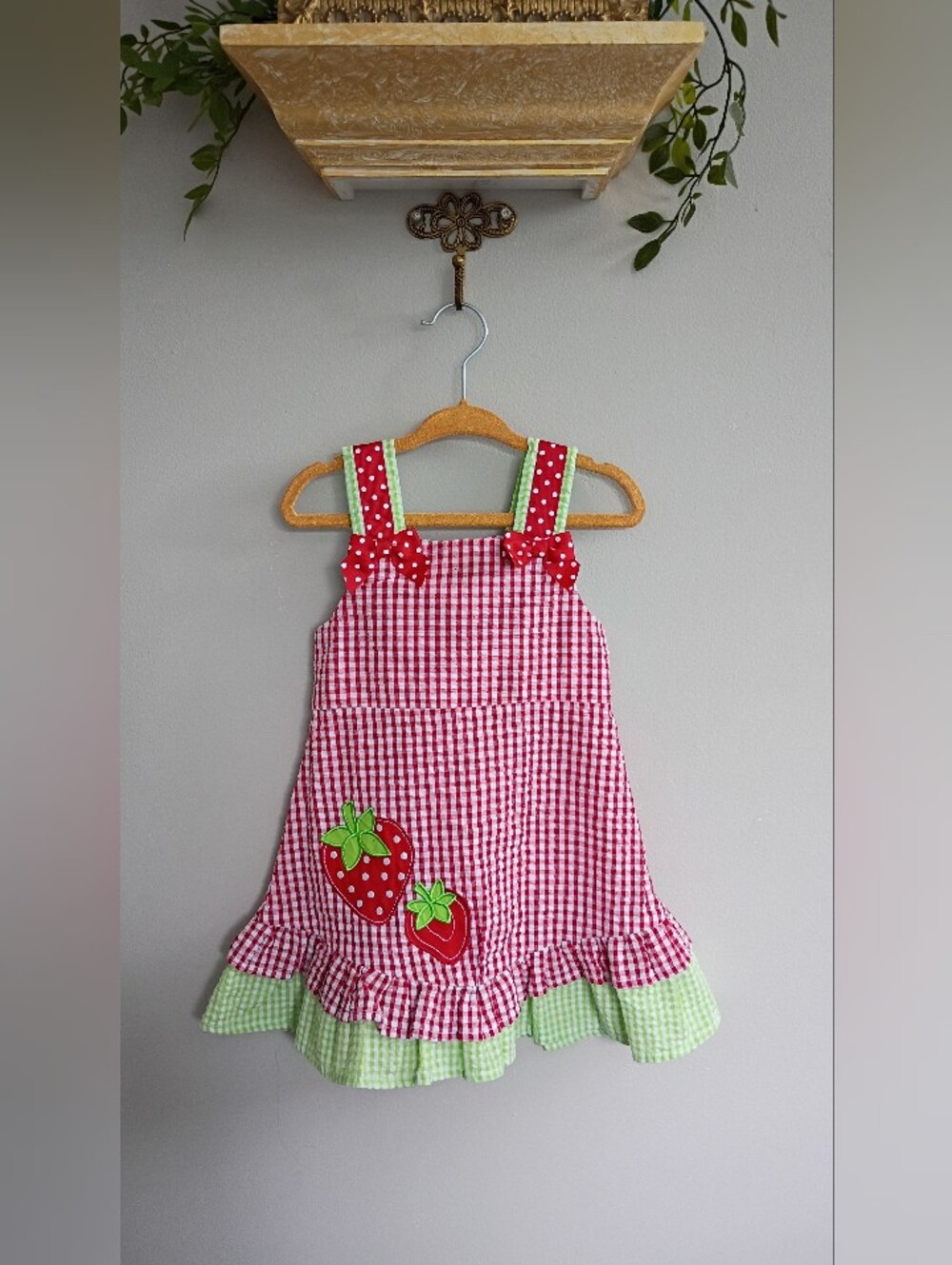 Rare Editions Red Gingham Strawberry Appliqué Sundress with Green Trim